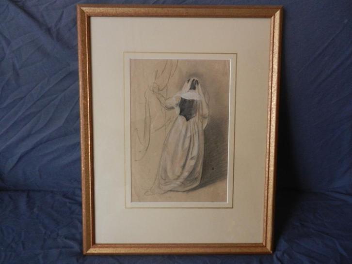 Tekening Staande gesluierde vrouw J.L. Cornet(1815-1882), Antiek en Kunst, Kunst | Tekeningen en Foto's, Ophalen of Verzenden