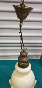 Hanglamp, vintage, van messing, hout en glas, Huis en Inrichting, Lampen | Hanglampen, Ophalen of Verzenden, 'T Olde Gre-j, Info@toldegrej.nl