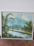 Aquarel Indonesië mensen sawa gesigneerd vulkaan, Antiek en Kunst, Ophalen