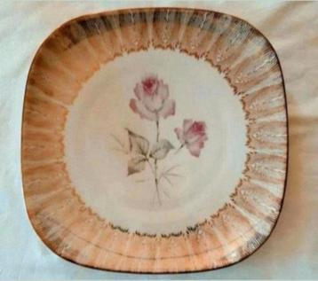 Vintage Elfenbein Bavaria vierkante schaal roze roos gouden beschikbaar voor biedingen