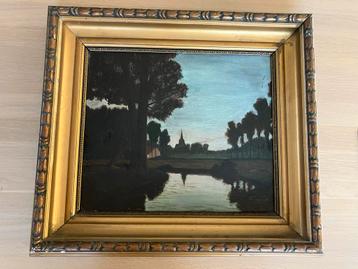 Schilderij Olieverf op Paneel, landschap in avondschemering beschikbaar voor biedingen