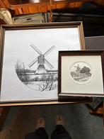 Twee ingelijste tekeningen van molens, Antiek en Kunst, Kunst | Etsen en Gravures, Ophalen