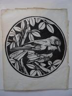 houtsnede vogel op tak kraai of kauw, monogram IG of KG, Antiek en Kunst, Verzenden
