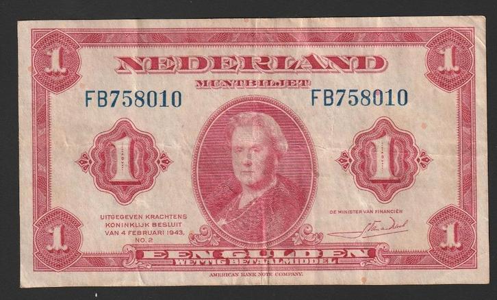 1 gld 1943 FB 758010 (wilhelmina) aardig mooi exemplaar, Postzegels en Munten, Bankbiljetten | Nederland, 1 gulden, Ophalen of Verzenden