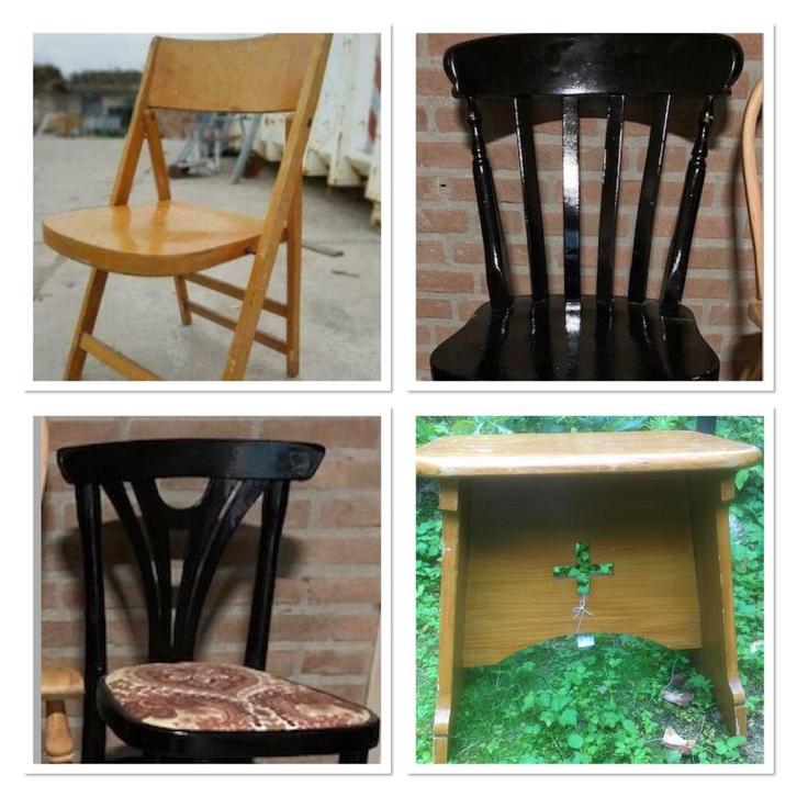 Vintage stoelen & een kerkkruk, Huis en Inrichting, Stoelen, Gebruikt, Drie, Hout, Bruin, Ophalen