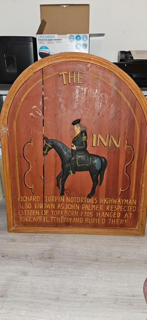 Antiek Uithangbord 'The Inn' met Richard Turpin, Antiek en Kunst, Antiek | Spiegels, 50 tot 100 cm, 100 tot 150 cm, Overige vormen