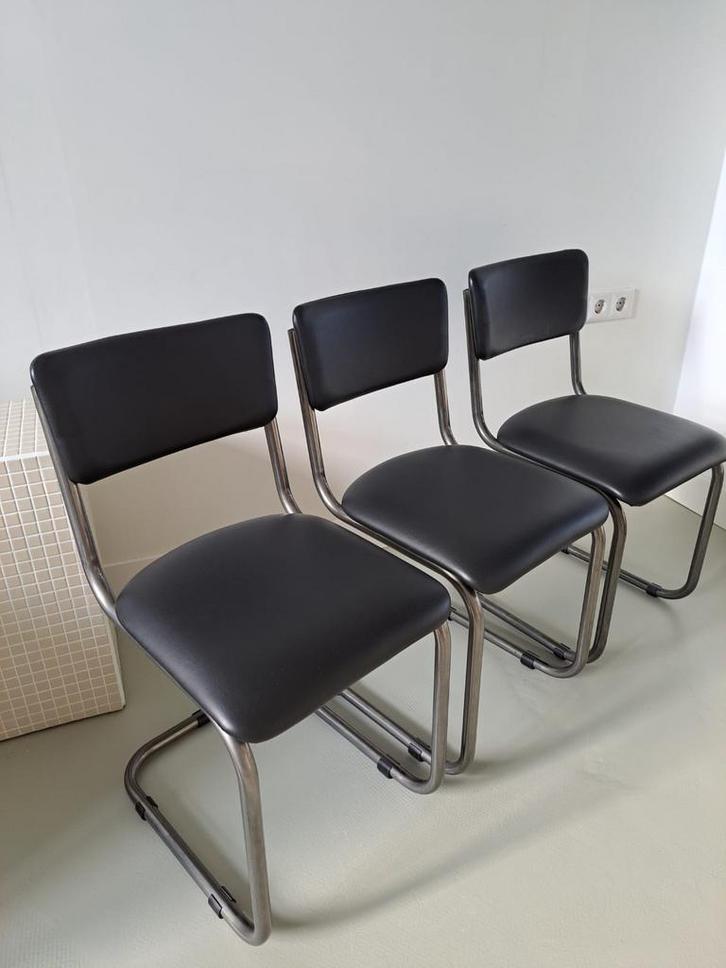 6 retro eetkamerstoelen zwart leer, Huis en Inrichting, Stoelen, Zo goed als nieuw, Vijf, Zes of meer stoelen, Leer, Zwart, Ophalen