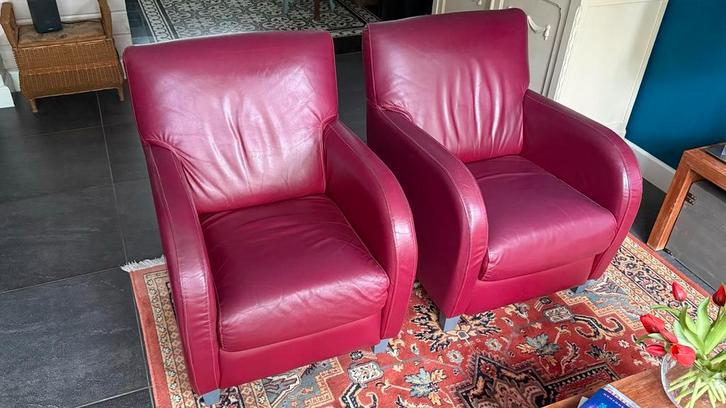 Set van 2 Rode Leren Fauteuiltjes, Huis en Inrichting, Fauteuils, Gebruikt, Leer, 50 tot 75 cm, 75 tot 100 cm, Ophalen of Verzenden