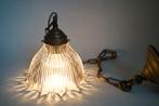 vintage antiek holophane hanglamp glas ribbel stof snoer k, Gebruikt, Glas, Vintage, Ophalen of Verzenden