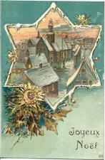 Antiek*Kerst*Goudopdruk*Dorp/Kerk in fraai ster passepartout, Ophalen of Verzenden, Voor 1920, Ongelopen, Feest(dag)