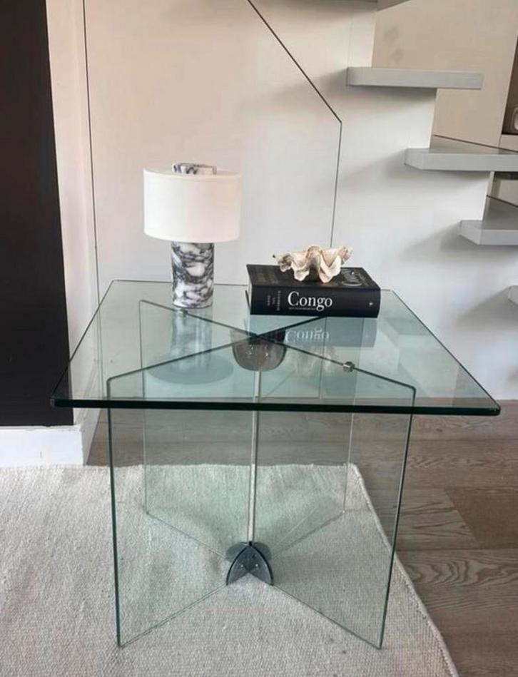 Italiaans glazen vintage bijzettafel / salontafel RVS, Huis en Inrichting, Tafels | Salontafels, Zo goed als nieuw, Minder dan 50 cm