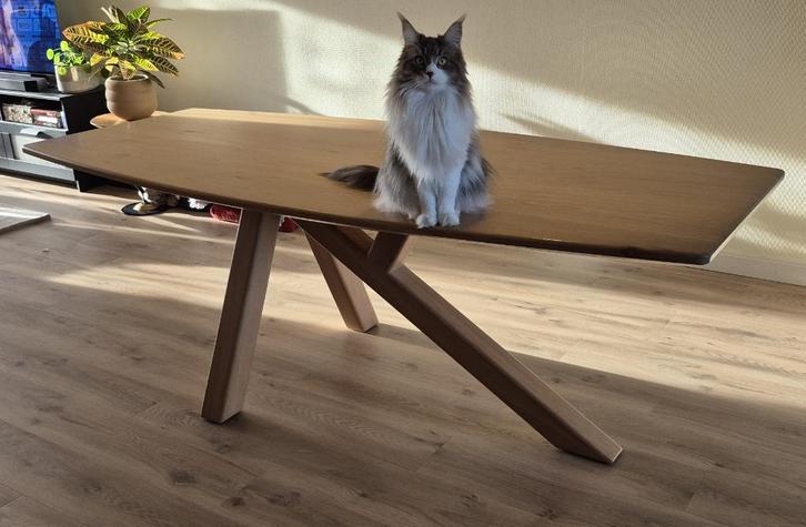 Massief eiken tafel, tonvormig met unieke 3-poot, Huis en Inrichting, Tafels | Eettafels, Gebruikt, 50 tot 100 cm, 200 cm of meer