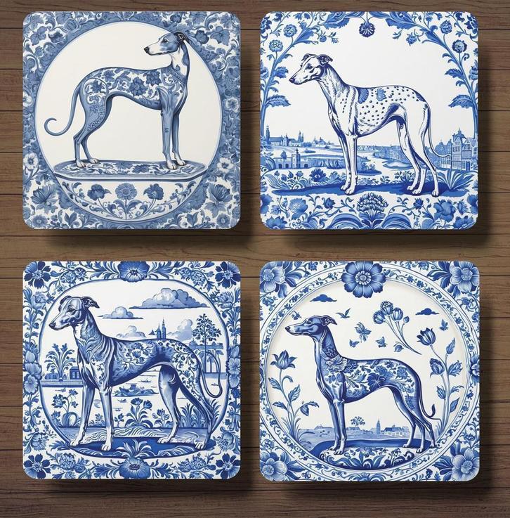Whippet Delfts Blauw onderzetters met houder, Huis en Inrichting, Woonaccessoires | Onderzetters, Nieuw, Glas of Kopje, Ophalen of Verzenden