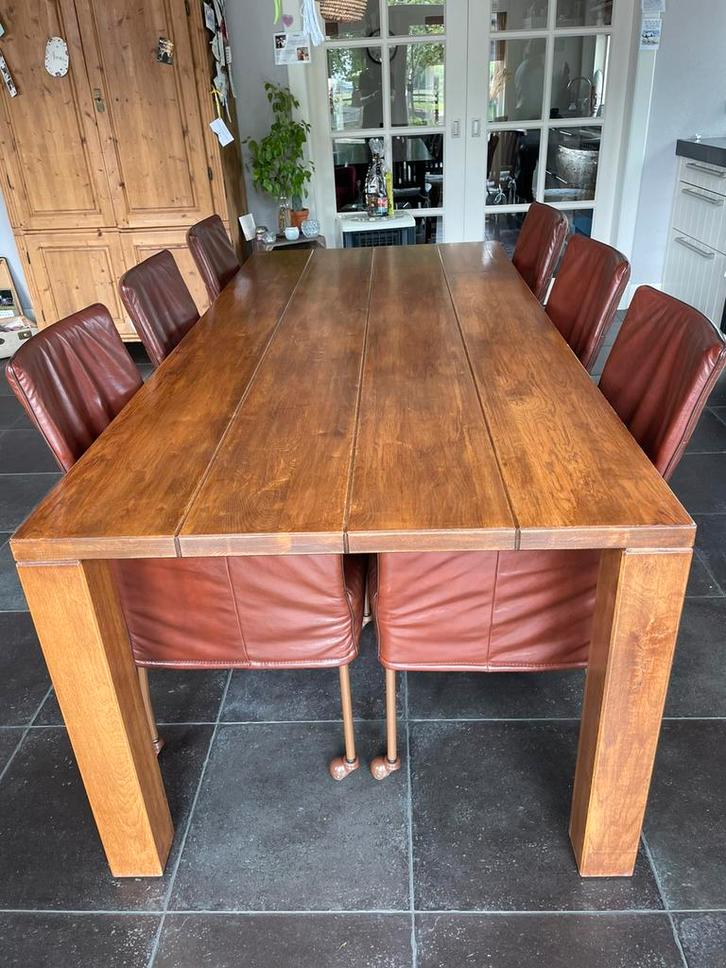 Degelijke houten eettafel met 6 lederen stoelen, Huis en Inrichting, Complete eetkamers, Zo goed als nieuw, Ophalen