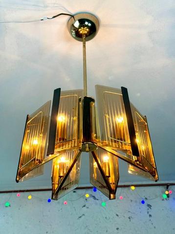 Massive vintage design messing gouden kroonluchter glas beschikbaar voor biedingen