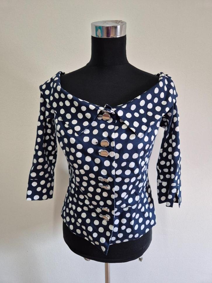 Top118 - Blauw-wit Caroline Biss off shoulder top mt 38 (1), Kleding | Dames, Tops, Zo goed als nieuw, Maat 38/40 (M), Blauw, Korte mouw