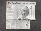 Vandersteen ARTIKEL Afscheid van een verteller 29/8/1990 AD, Ophalen of Verzenden, Zo goed als nieuw, Eén stripboek, Willy vandersteen