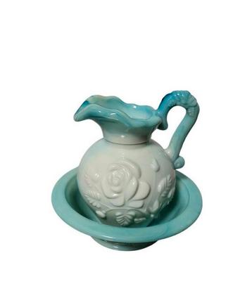 Jaren 70 Avon Blauw-Wit Opaline Vaas en Schotel Set beschikbaar voor biedingen