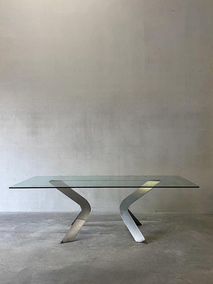 Vintage glazen eettafel met chroom onderstel, Huis en Inrichting, Tafels | Eettafels, Zo goed als nieuw, 50 tot 100 cm, 100 tot 150 cm