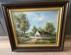 Olieverfschilderijtje van boerderijtje in landschap., Antiek en Kunst, Ophalen of Verzenden