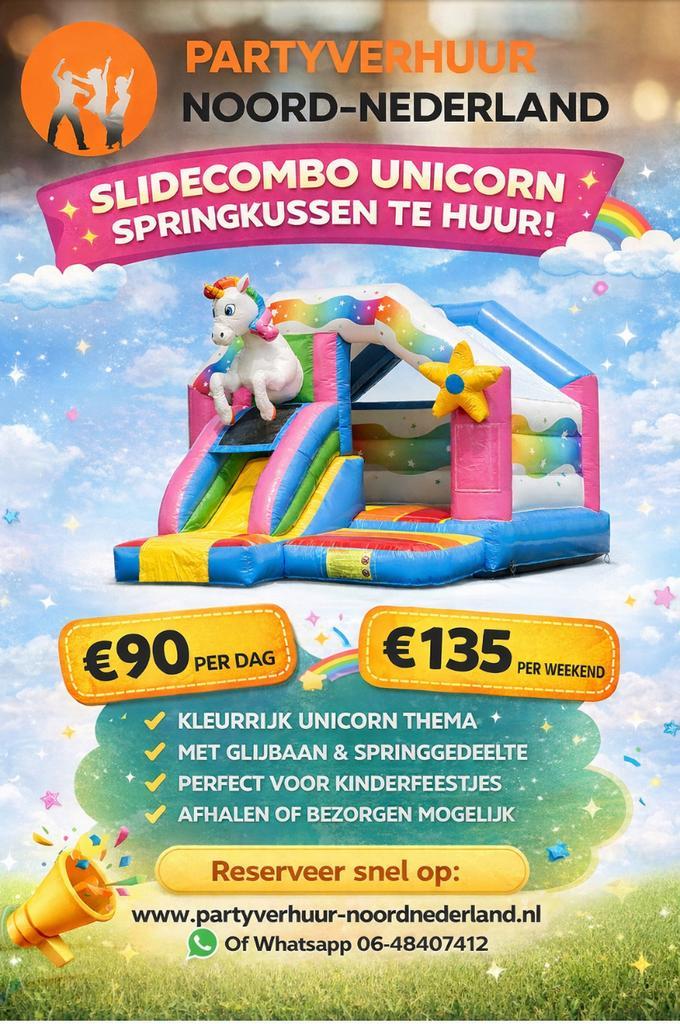 Te huur: slidecombo Unicorn springkussen, Hobby en Vrije tijd, Feestartikelen | Verhuur, Zo goed als nieuw, Overige, Ophalen