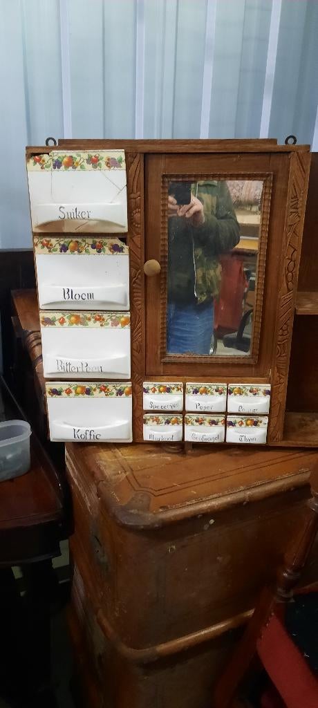 Brocante specerijen keukenkastje met spiegel, Antiek en Kunst, Curiosa en Brocante, Ophalen