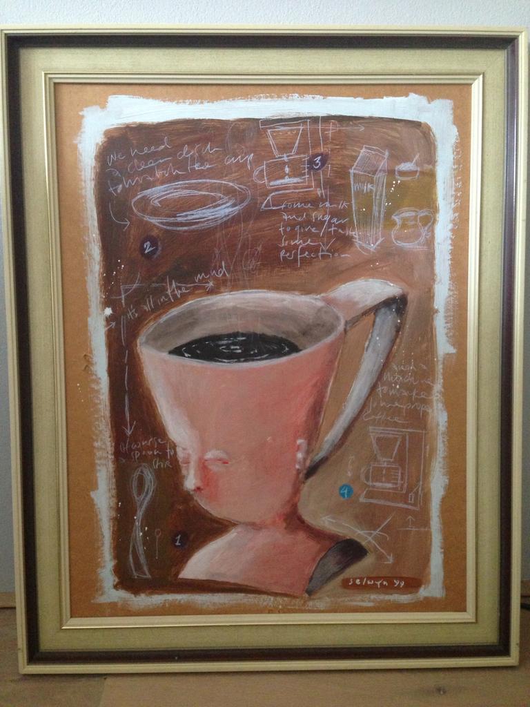GEZOCHT!! GEVRAAGD!! Schilderij koffiekopje Selwyn Senatori, Ophalen