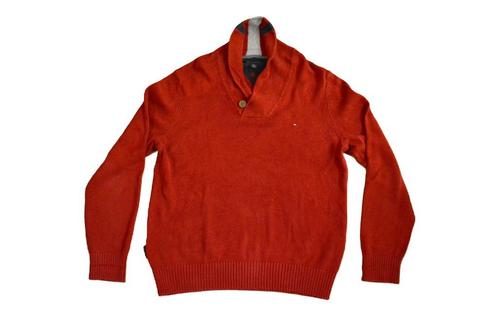 Tommy Hilfiger rood shawl collar sweater blauwe strepen L, Kleding | Heren, Truien en Vesten, Zo goed als nieuw, Maat 52/54 (L)