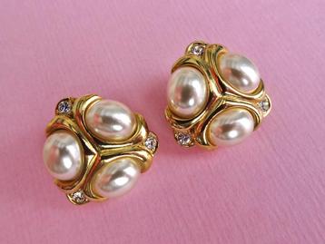 jwg Vintage 60s 70s parel strass oorbellen goud verguld wit beschikbaar voor biedingen