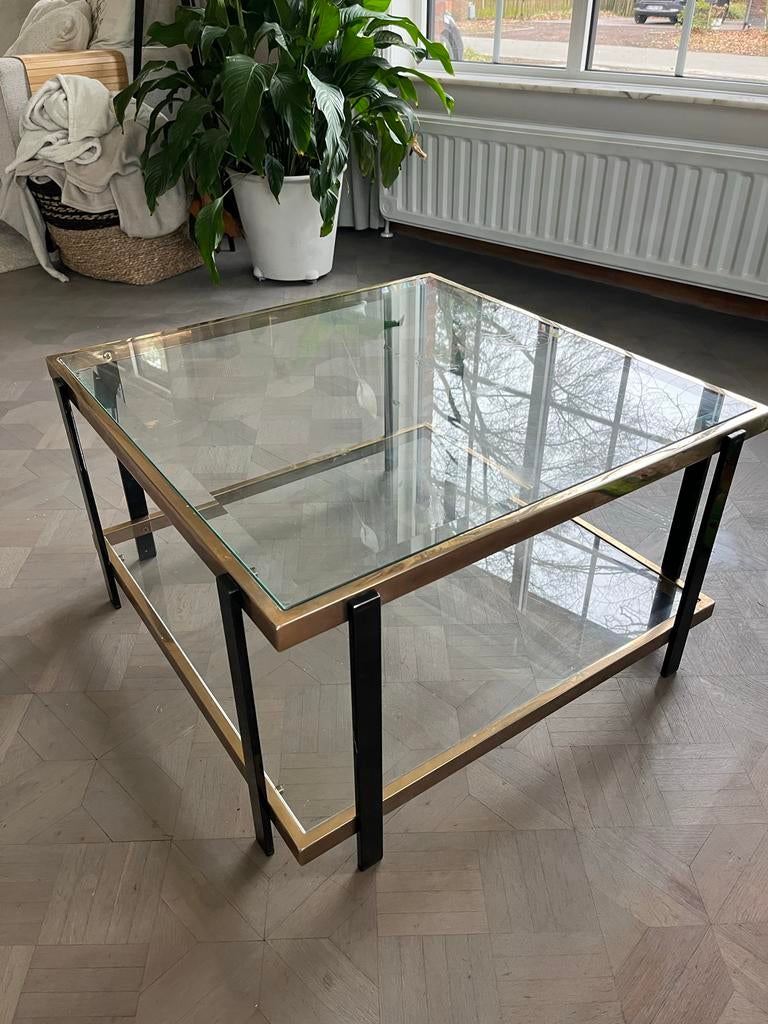 Vintage Salon Tafel Messing Glas Goud Zwart 80x80, Huis en Inrichting, Tafels | Salontafels, Ophalen, Gebruikt, Vierkant, 50 tot 100 cm