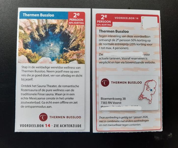 Sauna Thermen Bussloo  2e persoon 50% korting., Tickets en Kaartjes, Kortingen en Cadeaubonnen, Twee personen, Spa of Sauna, Kortingsbon