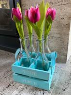 Blauwe Vaasjes Set 'Petite Fleur' met tulpen, Blauw, Ophalen of Verzenden, Minder dan 50 cm, Glas