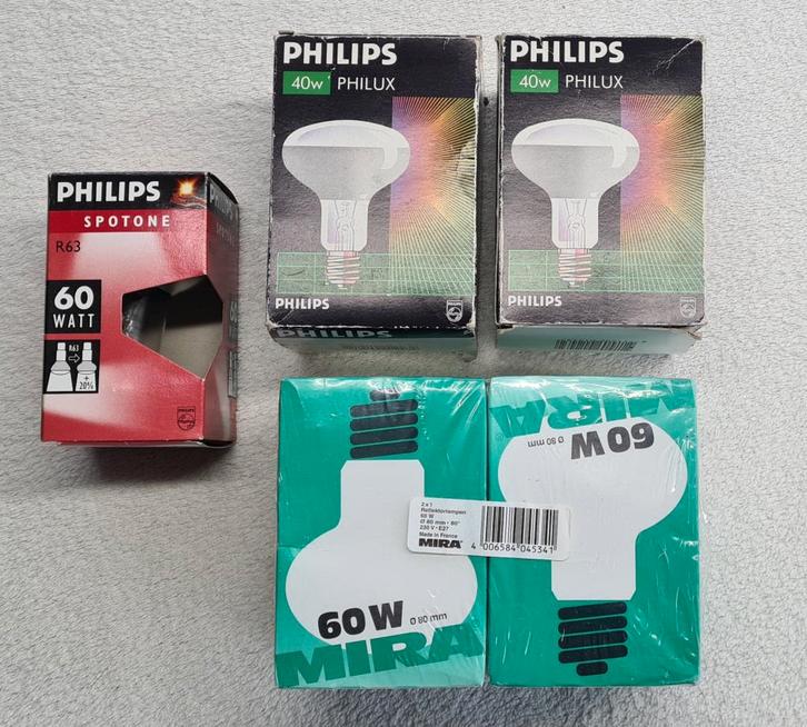 Partij van 3 Philips en 2 Mira spots lampen E27 € 10,00, Huis en Inrichting, Lampen | Losse lampen, Nieuw, Halogeen (gloei)lamp