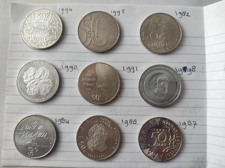 Set met alle 9 soorten zilveren 50 gulden munten, Postzegels en Munten, Munten | Nederland, Setje, 50 gulden, Koningin Beatrix