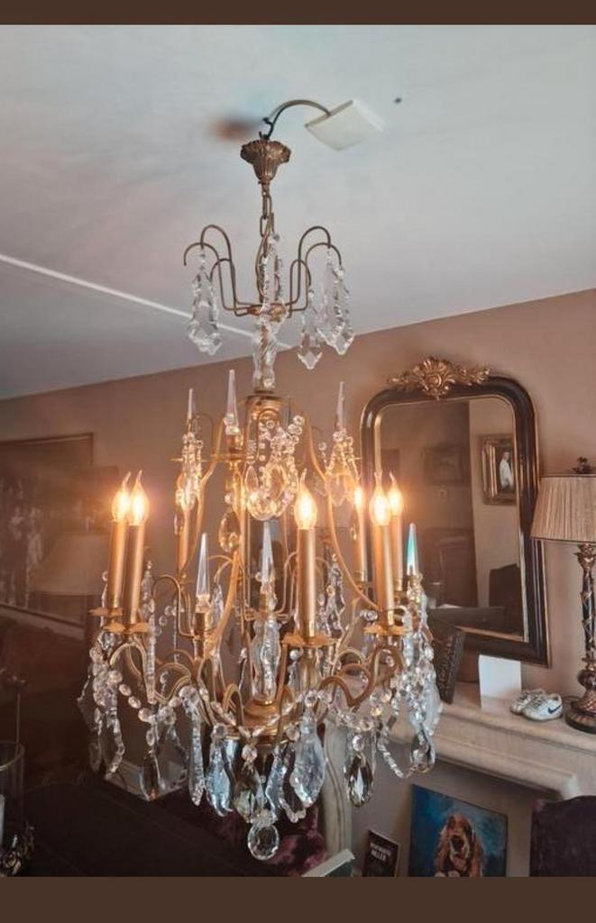 Antieke Franse kooi kroonluchter met kristallen, Huis en Inrichting, Lampen | Kroonluchters, Zo goed als nieuw, Ophalen