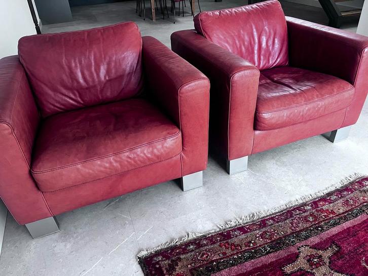 Twee leren fauteuils, Huis en Inrichting, Fauteuils, Gebruikt, Leer, 75 tot 100 cm, Minder dan 75 cm, Ophalen