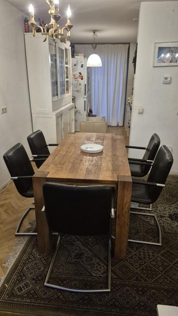 6 leren eetkamerstoelen met metalen frame, Huis en Inrichting, Stoelen, Gebruikt, Vijf, Zes of meer stoelen, Leer, Metaal, Zwart