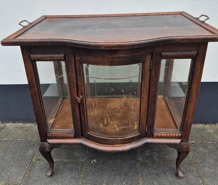 Antiek vintage houten theekast vitrinekast & losse dienblad, Antiek en Kunst, Antiek | Meubels | Kasten, Ophalen of Verzenden