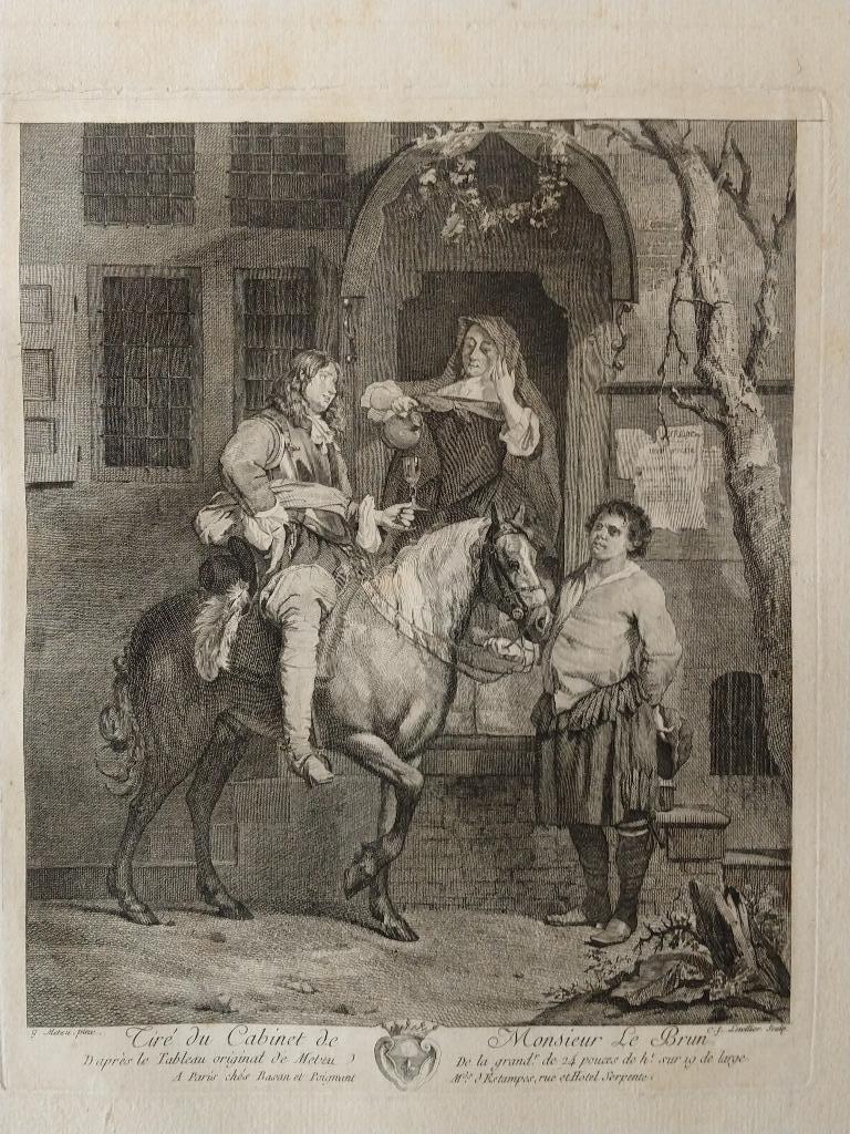 Gabriel Metsu – ruiter bij herberg - gravure/ ets - ca. 1773, Verzenden