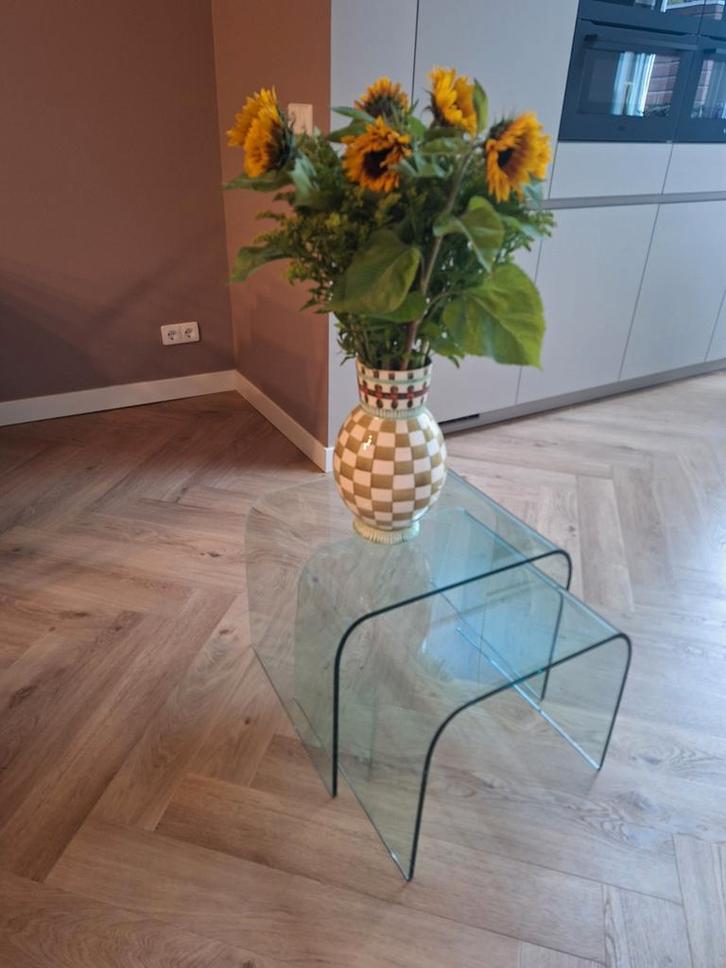Vermoedelijk Fiam glazen bijzettafels vintage waterfall, Huis en Inrichting, Tafels | Bijzettafels, Gebruikt, Vierkant, 45 tot 60 cm