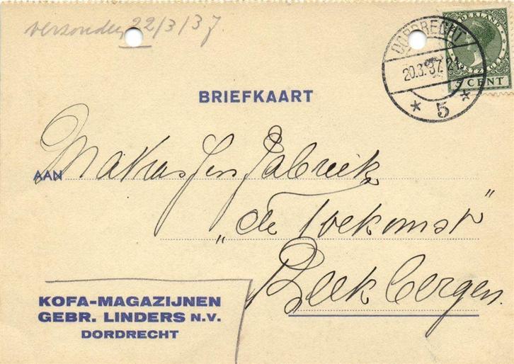 KOFA-Magazijnen, Dordrecht - 03.1937 - briefkaart, Postzegels en Munten, Brieven en Enveloppen | Nederland, Briefkaart, Ophalen of Verzenden