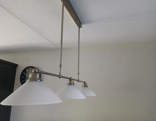 Set van 3 RVS lampen, witte kappen, gekocht bij Straluma, Huis en Inrichting, Lampen | Hanglampen, Zo goed als nieuw, Glas, Ophalen