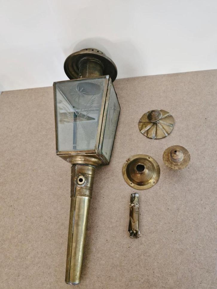 Oude koetslamp,gegraveerd glas, messing, Antiek en Kunst, Antiek | Lampen, Ophalen of Verzenden