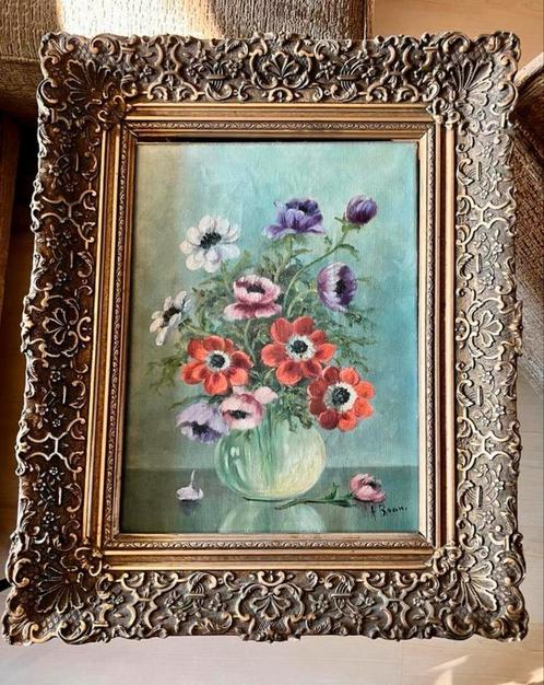 Stilleven Anemonen in vaas acrylverf op canvas A. Bram, Antiek en Kunst, Kunst | Schilderijen | Klassiek, Ophalen of Verzenden