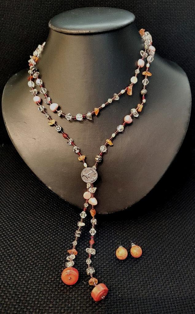 Vintage set handgemaakt koraal open ketting en oorbellen, Sieraden, Tassen en Uiterlijk, Kettingen, Zo goed als nieuw, Steen of Mineraal