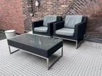 Tuinset : tafel + 2 loungestoelen + 4 tuinkussens, Gebruikt, Rvs, Tuinset, Ophalen