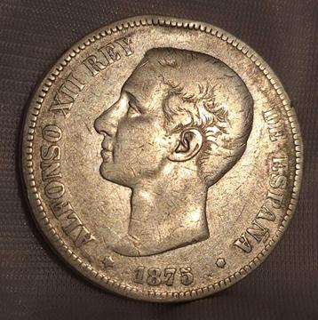 Spaanse 5 Pesetas 1875 - Alfonso XII Zilveren Munt beschikbaar voor biedingen