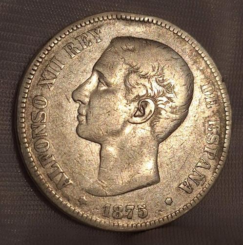 Spaanse 5 Pesetas 1875 - Alfonso XII Zilveren Munt, Postzegels en Munten, Munten | Nederland, Losse munt, Overige waardes, Vóór koninkrijk