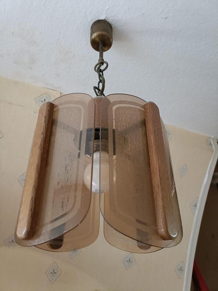 Vintage hanglamp in brutalistische stijl, Huis en Inrichting, Lampen | Hanglampen, Gebruikt, Minder dan 50 cm, Glas, Hout, Ophalen