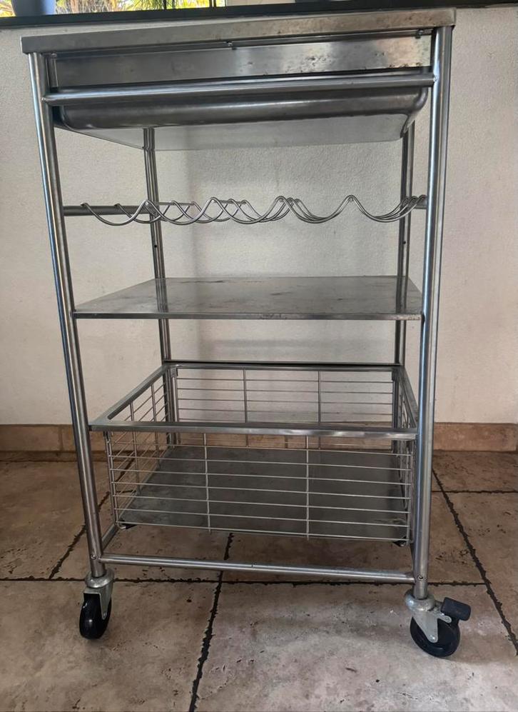 RVS keukenwagen met lade, wijnrek en mand op wieltjes, Huis en Inrichting, Keuken | Keukenelementen, Zo goed als nieuw, Minder dan 100 cm